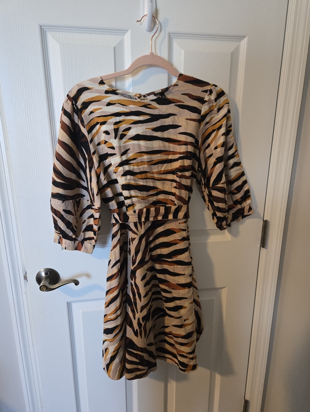 Linen Blend Animal-Print Women's Dress - Beige Brown Pattern Small